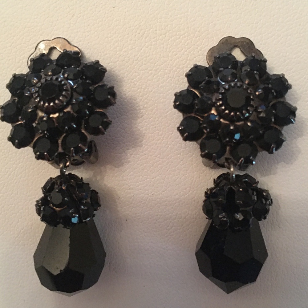 Black Crystal Clip-On Drop Earrings
